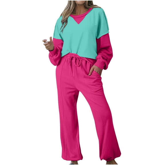 qolati Lounge Sets for Women Fall 2024 Matching Sets 2 Piece Outfit Long Sleeve Color Block Sweatshirts and Drawstring Jogger Pants Sets Tracksuits Red S 4