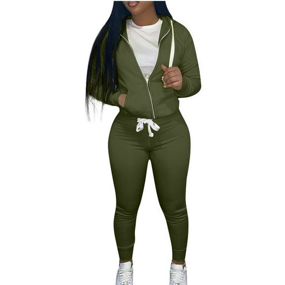 qolati Lounge Sets for Women Plus Size Solid Color Cropped Hooded Sweatshirt with Drawstring Leggings Pants Sets Tracksuits 2024 Fall Outfits Army Green L 8