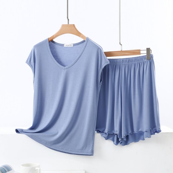 qolati Lounge Sets for Women 2 Piece Summer Short Sleeve V Neck Tops and Shorts Sets Soft Pajama 2025 Plus Size Casual Wide Leg Comfy Sleepwear