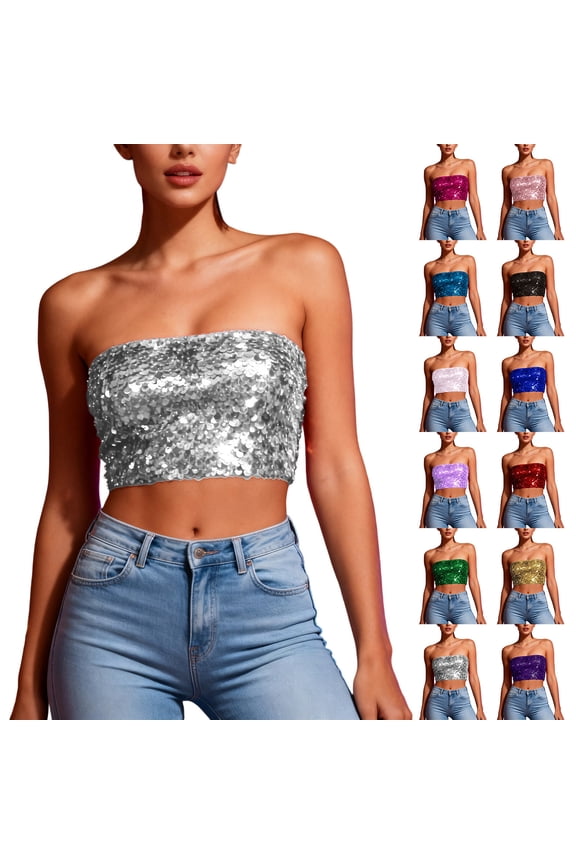 Mardi Gras Sequin Tube Top for Women Sleeveless Sparkly Metallic Crop Tops Strapless Casual Backless Glitter Cute Tank Top for Party Clubwear Black Free Size