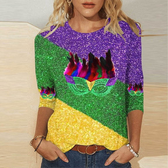 qolati Mardi Gras Shirts for Women 3/4 Length Sleeve Mardi Gras Day Tshirt Plus Size Crewneck Tunic Tops Masks Graphic Holiday Outfits