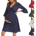 thumbnail image 1 of qolati Maternity Dresses for Baby Shower Polka Print V Neck Midi A-Line Sundress 3/4 Sleeves Ruffled Flowy Summer Boho Photoshoot Pregnancy Dress Navy L, 1 of 6