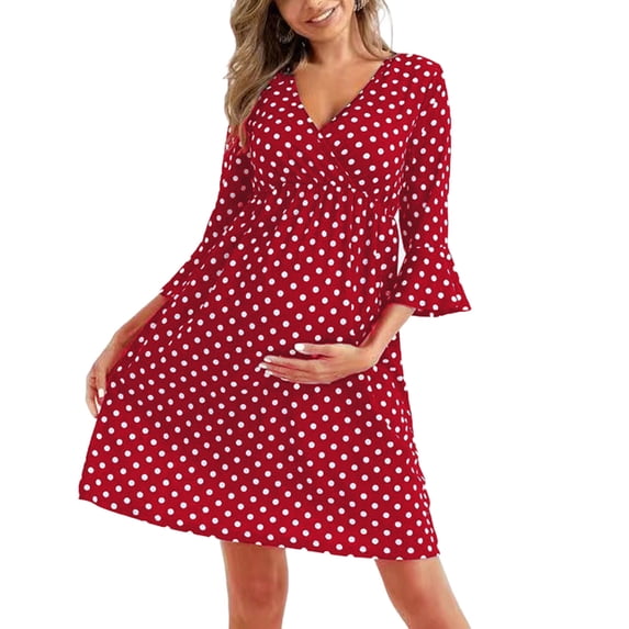 qolati Maternity Dresses for Baby Shower Polka Print V Neck Midi A-Line Sundress 3/4 Sleeves Ruffled Flowy Summer Boho Photoshoot Pregnancy Dress Wine L