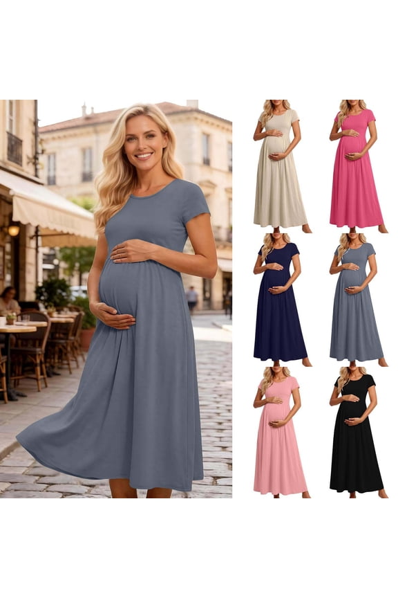 Maternity Maxi Dress Casual Wrap Baby Long Shower Pregnancy Dresses Comfy Crewneck Short Sleeve A Line Flowy Summer Dresses S-3XL