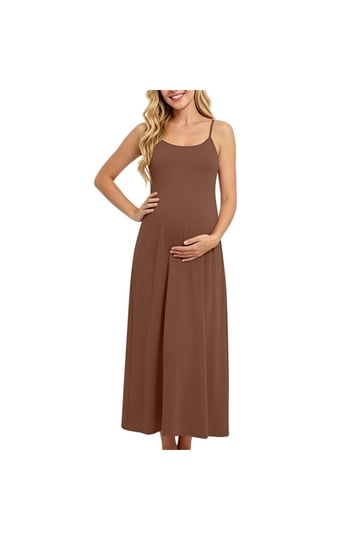 long brown maternity dress Brown Square Neck Fitted Long Sleeve Maternity Maxi Dress – PinkBlush main image 1