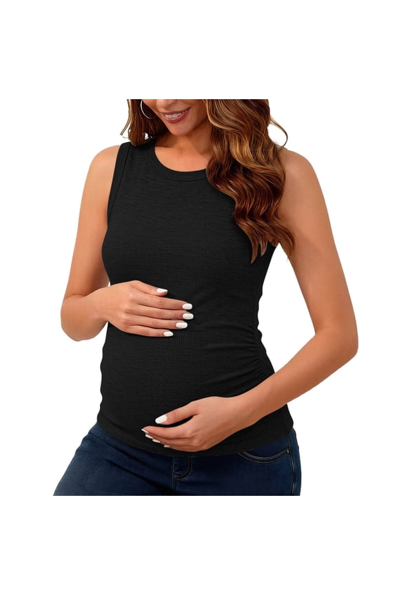 Maternity Tank Tops for Women Summer Sleeveless Crew Neck Ribbed Knit Slim Fitted Tanks Shirts Side Ruched Pregnancy Basic Tees Top Black M