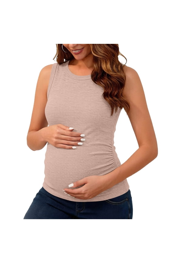 Maternity Tank Tops for Women Summer Sleeveless Crew Neck Ribbed Knit Slim Fitted Tanks Shirts Side Ruched Pregnancy Basic Tees Top Coffee M