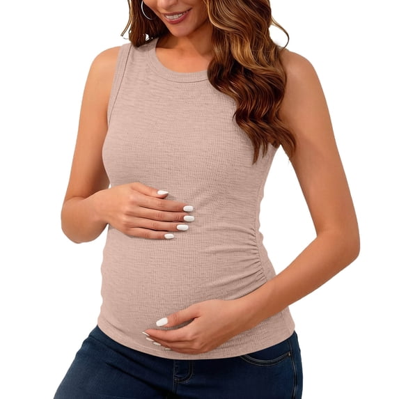 qolati Maternity Tank Tops for Women Summer Sleeveless Crew Neck Ribbed Knit Slim Fitted Tanks Shirts Side Ruched Pregnancy Basic Tees Top Coffee XL