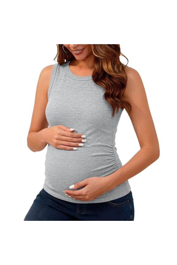 Maternity Tank Tops for Women Summer Sleeveless Crew Neck Ribbed Knit Slim Fitted Tanks Shirts Side Ruched Pregnancy Basic Tees Top Gray M