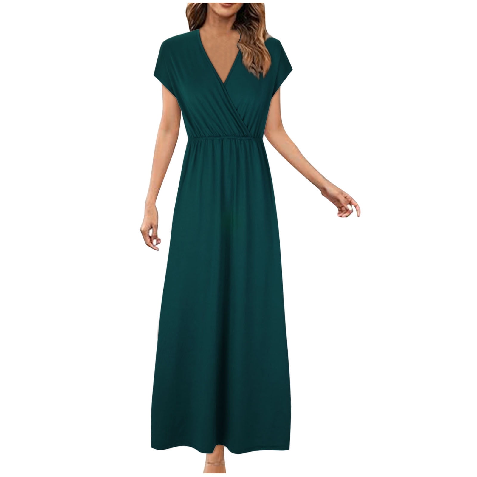 Flowy Maternity Dress II ININ Women's Boho Midi Dress - V Neck Short Sleeve  Smocked A-Line Maternity Dress Spring Summer V Neck Boho Dress