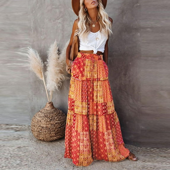 qolati Maxi Skirts for Women Summer Spring Casual Elastic High Waist Long Skirts Vintage Floral Pleated Swing A Line Boho Beach Maxi Skirt