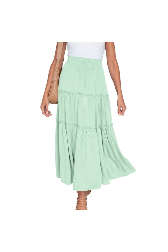 Maxi Skirts for Women Long Beach Skirts Pleated Skirts for Women Summer Elastic Waist Boho Ruffled Flowy Skirt Sky Blue S
