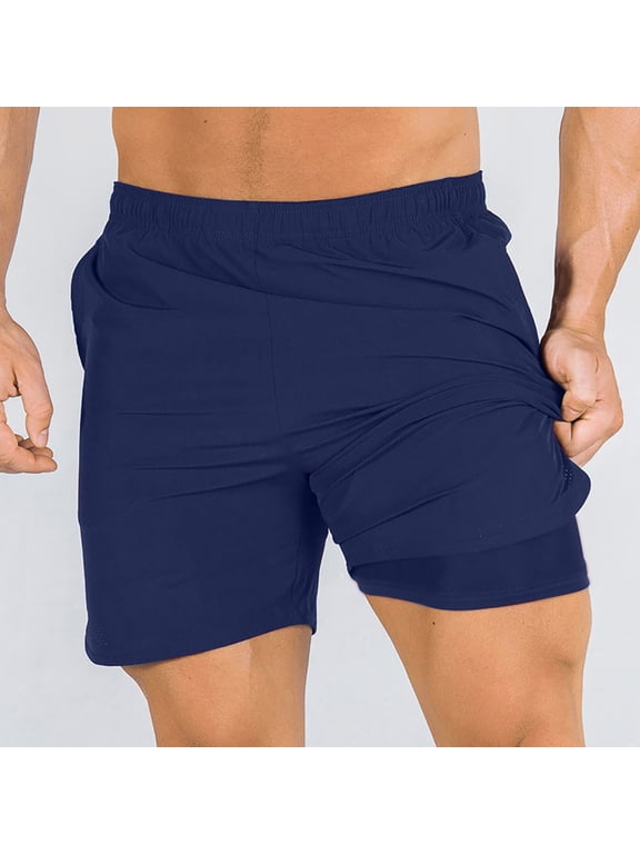 Men's 2 in 1 Running Shorts Quick Dry Gym Athletic Workout Shorts for Men Elastic Waist Sweat Shorts with Pockets Navy XXL