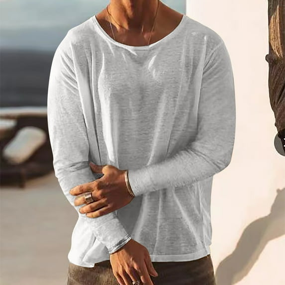 qolati Men's Basic Long Sleeved T-Shirt Classic Fit Crew Neck Muscle Tops Casual Lightweight Solid Color Fitness Workout Shirts