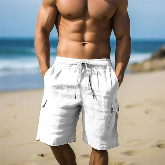 qolati Men's Beach Shorts Elastic Waist Drawstring Casual Shorts Regular Fit Summer Cotton Linen Shorts with Pockets White XL