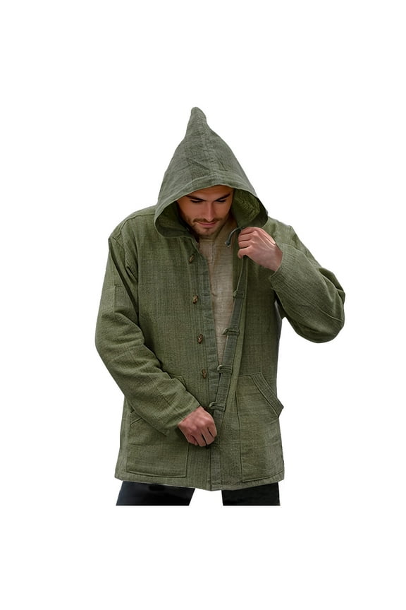 Men's Cotton Linen Hoodie Shirt Big & Tall Long Sleeve Button Down Casual Shirt Coats Lightweight Fall Shacket Jackets Outwear
