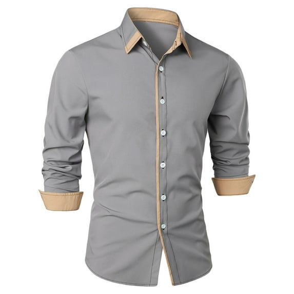 qolati Men's Dress Shirts Regular Fit Stretch Patchwork Blouse Tops Casual Button Down Long Sleeve Formal Shirts for Business Work