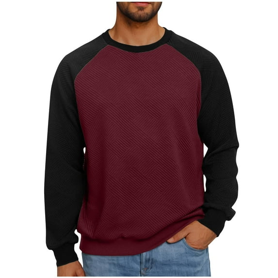 qolati Men's Fall Sweatshirts 2024 Patchwork Long Sleeve Crewneck Geometric Texture Athletic Tops Casual Pullover Shirt