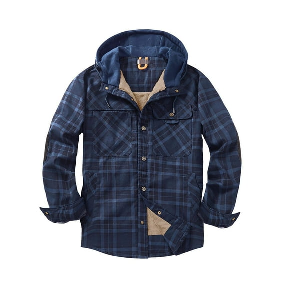 qolati Men's Fleece Flannel Jacket Plaid Zip Up Hoodie Sherpa Lined Shirt Jacket Hooded Winter Warm Coats with Pockets