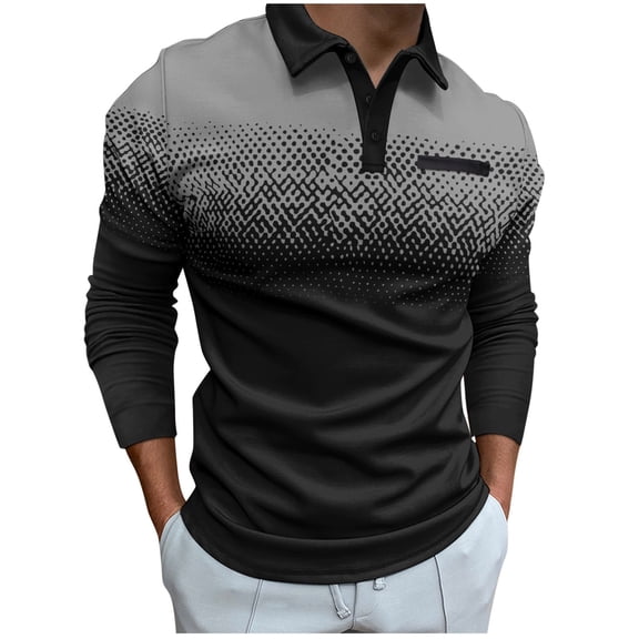 qolati Men's Gradient Printed Sport T-Shirt Button Lapel Long Sleeve Henley Blouse Tops Casual Golf Shirts Spring