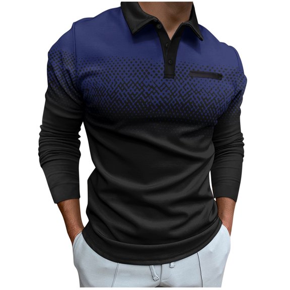 qolati Men's Gradient Printed Sport T-Shirt Button Lapel Long Sleeve Henley Blouse Tops Casual Golf Shirts Spring