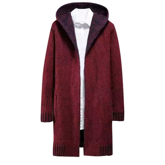 qolati Men's Long Cardigan Sweater with Hood Casual Open Front Long Sleeve Cardigans Fall Winter Warm Sweaters with Pockets