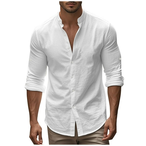 qolati Men's Long Sleeve Button Down Shirts Casual Cotton Dress Shirts Stand Collar Untucked Chambray Shirts