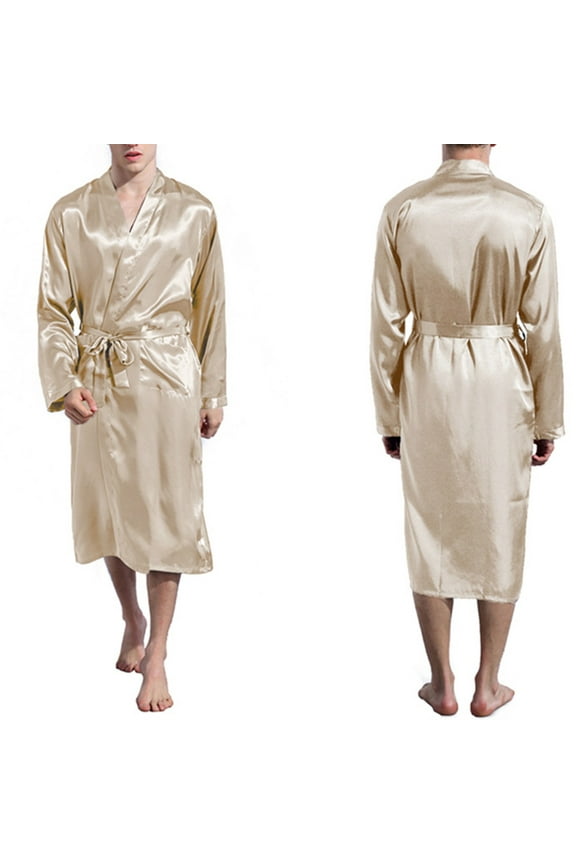 Men's Long Sleeve Robe Satin Bathrobe Soft Lightweight Luxurious Silk Pajamas Nightwear