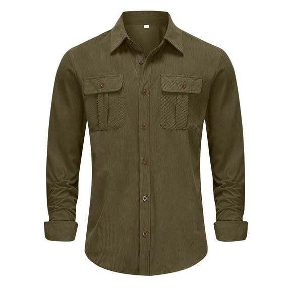 qolati Men's Muscle Fit Work Shirts Corduroy Stretch Wrinkle-Free Long Sleeve Henleys Blouse Casual Button Down Cargo Shirts with Pockets