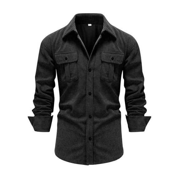qolati Men's Muscle Fit Work Shirts Waffle Knit Stretch Wrinkle-Free Long Sleeve Henleys Blouse Casual Button Down Cargo Shirts with Pockets