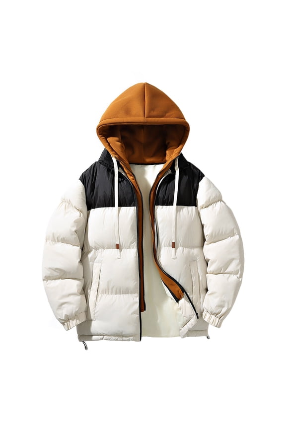 Men's Puffer Jacket Thickened Winter Coat Warm Hooded Color Block Zip Up Jacket Ski Bubble Coat Outwear with Pockets
