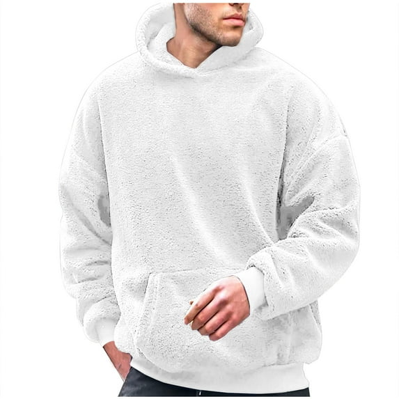 qolati Men's Sherpa Hoodie Winter Thick Fuzzy Pullover Long Sleeve Kangaroo Pocket Hoodie Fall Winter Hooded Sweatshirt