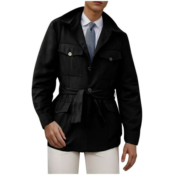 qolati Men's Single Breasted Belted Trench Coat Fall Winter Lapel Overcoat Casual Classic Fit Lightweight Windbreaker Jacket