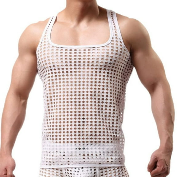 qolati Men's Tank Tops Sleeveless Mesh Vest See Throughs Shirts Muscle Fitted Fishnet Hollow Out Vest Undershirt
