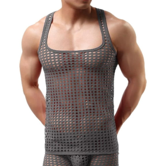 qolati Men's Tank Tops Sleeveless Mesh Vest See Throughs Shirts Muscle Fitted Fishnet Hollow Out Vest Undershirt