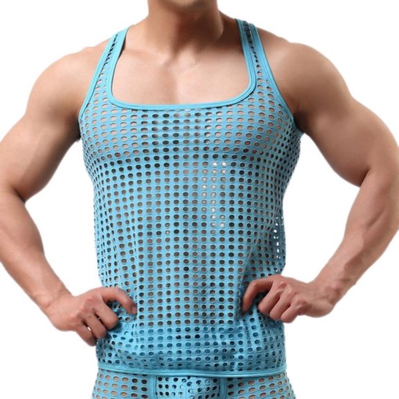qolati Men's Tank Tops Sleeveless Mesh Vest See Throughs Shirts Muscle Fitted Fishnet Hollow Out Vest Undershirt