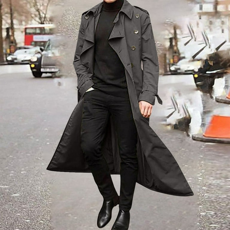 qolati Men's Trench Coats 2023 Casual Double Breasted Belted Lapel Long  Jacket Vintage Windbreaker Slim Overcoat