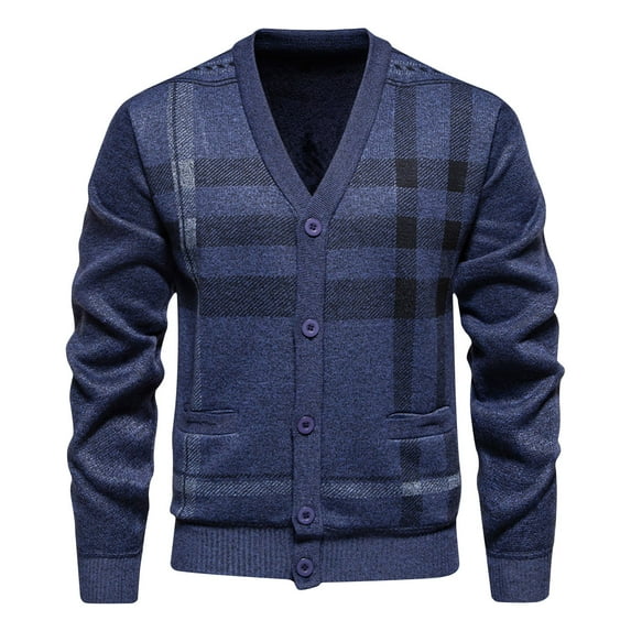 qolati Men's V Neck Cardigan Long Sleeve Button Up Plaid Sweater Business Casual Knitted Slim Fit Cardigan Sweaters Pockets