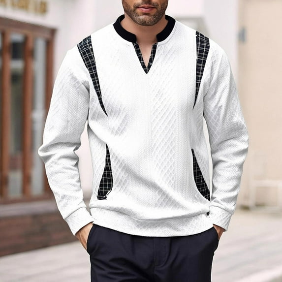 qolati Men's V-Neck Jacquard Sweatshirts with Plaid Trim Soft Long Sleeve Pullover Classic Fit Casual Semi Formal Tops