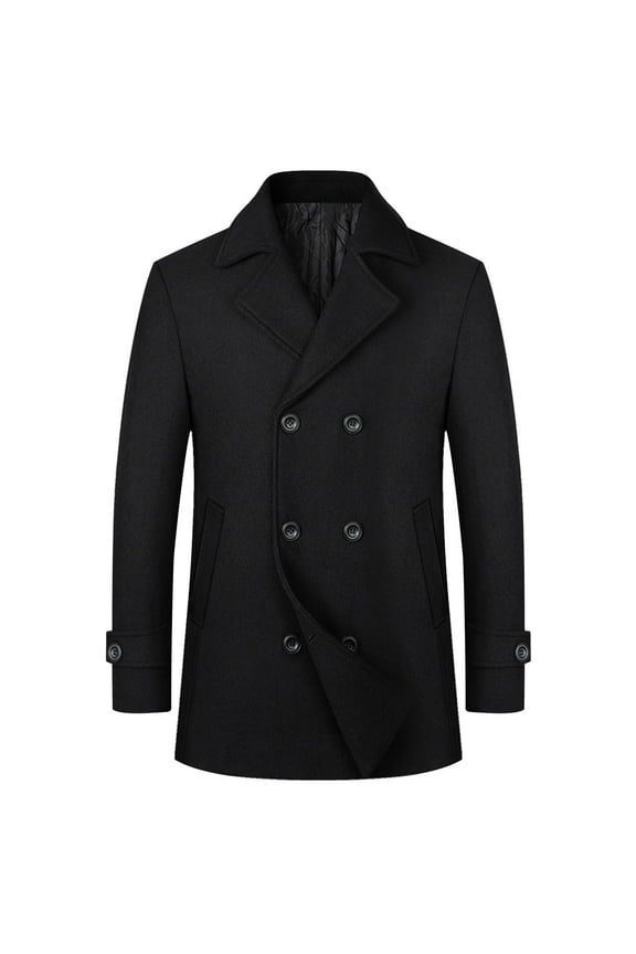 Men's Winter Coat Wool Blend Double Breasted Pea Coat Classic Notched Collar Warm Woolen Coats Outwear Jackets