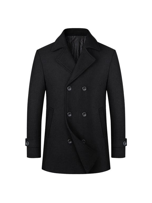 Men's Winter Coat Wool Blend Double Breasted Pea Coat Classic Notched Collar Warm Woolen Coats Outwear Jackets