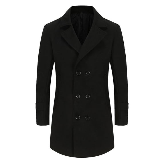 qolati Men's Wool Blend Winter Coat Classic Twill Notched Collar Double Breasted Pea Coat Lightweight Warm Trench Overcoat