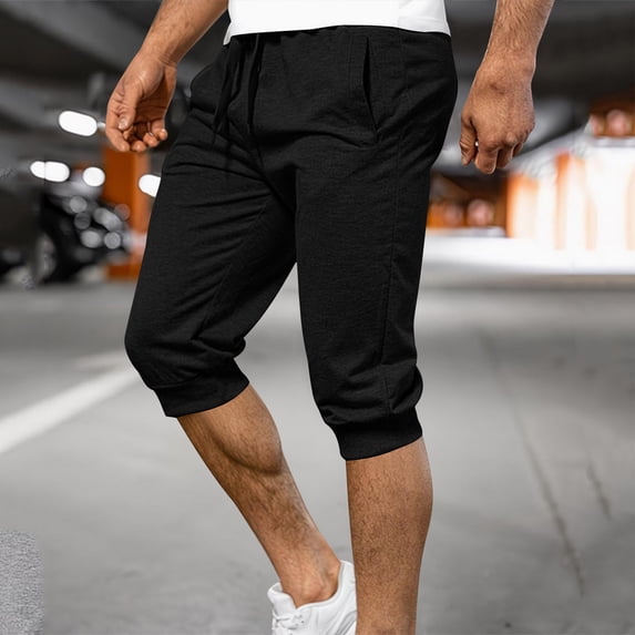 qolati Mens 3/4 Jogger Capri Pants Elastic Waist Below Knee Sweat Shorts Slim Fit Lightweight Drawstring Workout Gym Running Sweatpants with Pockets S-3XL