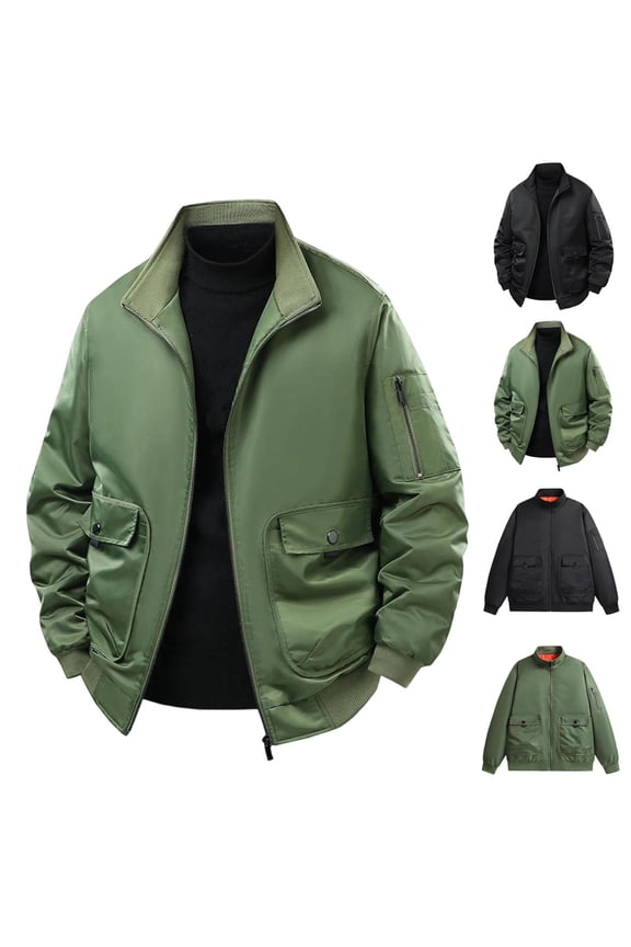 Mens Bomber Jacket Classic Fit Stand Collar Outdoor Hiking Jackets Windbreaker Casual Fall Winter Cargo Coat with Pockets L