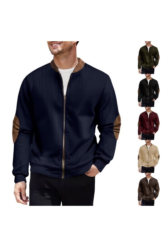 qolati Mens Bomber Jackets Lightweight Corduroy Fall Sweatshirt Jacket Full Zip Ribbed Knit Sweater Jacket Varsity Coat Navy S