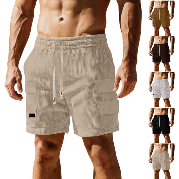qolati Mens Cargo Shorts Casual Corduroy Shorts Elastic Waistband Drawstring Jogger Workout Hiking Shorts Summer Summer Beach Shorts with Multi PocketsKhakiM