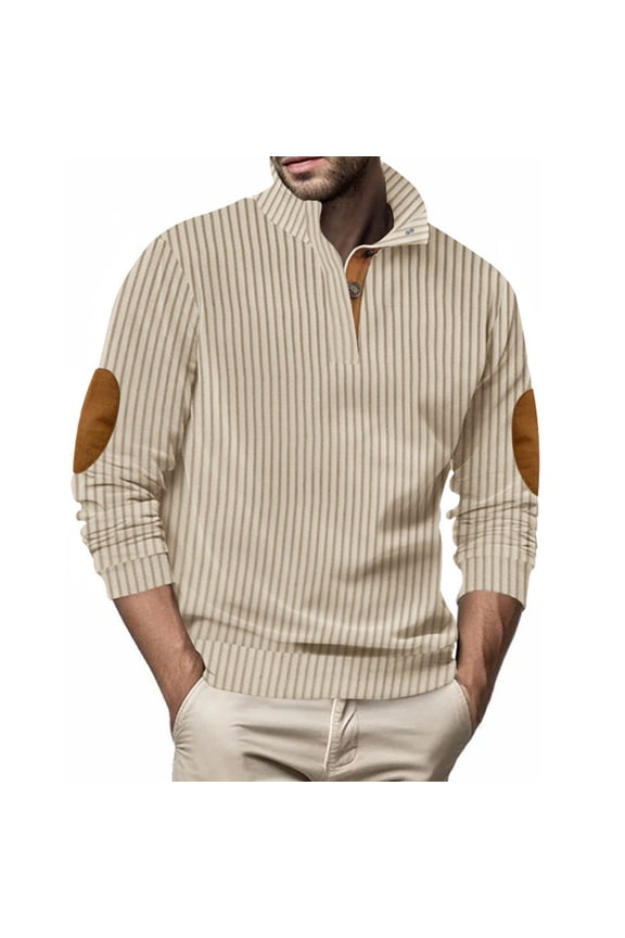 Mens Casual Shirts Lapel Collar Button Up Pullover Mock Neck Long Sleeve Sweater Henley Sweatshirts with Elbows Patches
