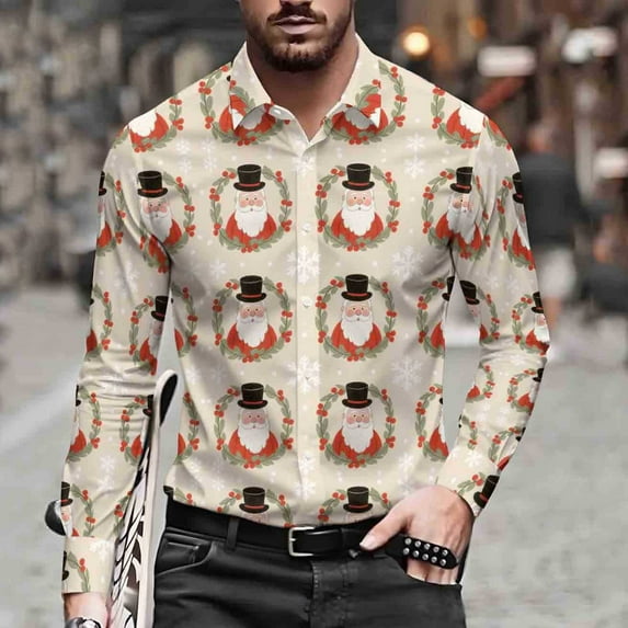 qolati Mens Christmas Shirts Casual Printed Long Sleeve Button Up Dress Shirt Male Winter Festival Shirts Santa Claus Party Hawaii Blouses Top