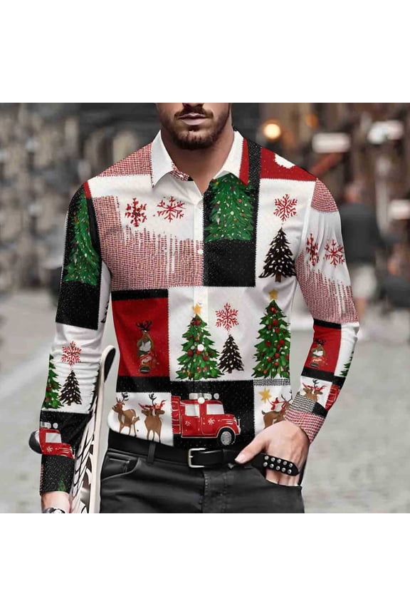 Mens Christmas Shirts Casual Printed Long Sleeve Button Up Dress Shirt Male Winter Festival Shirts Santa Claus Party Hawaii Blouses Top