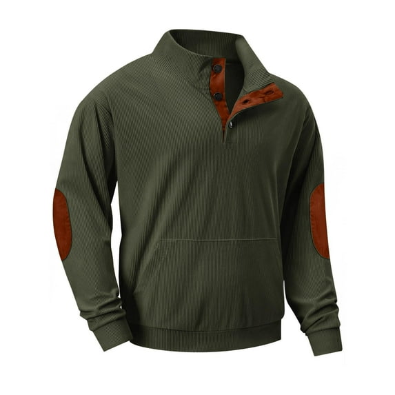 qolati Mens Corduroy Henley Shirt Lapel Collar Button Up Pullover T-Shirts with Pockets Mock Neck Long Sleeve Sweater Sweatshirts with Elbow Patches
